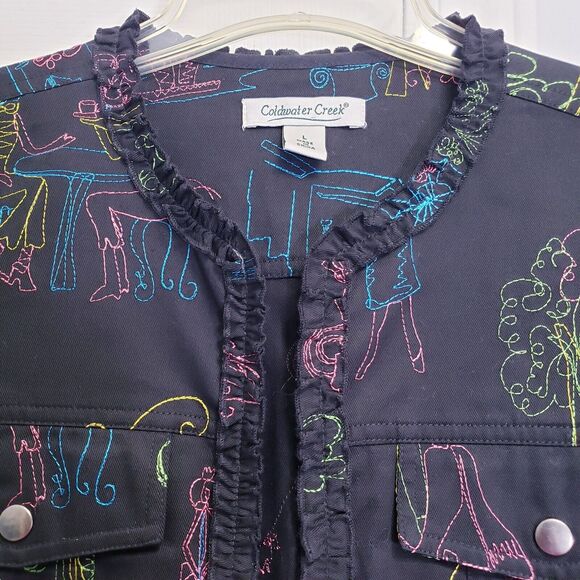Coldwater Creek Womens Large Black Denim Jean Jacket Embroidered Lightweight VGC - Picture 3 of 14